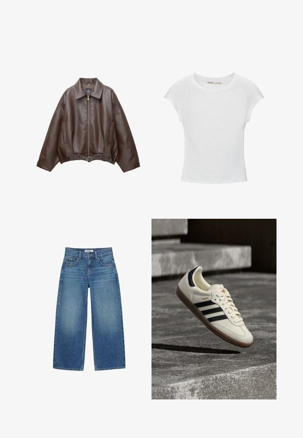 Veste courte en similicuir marron avec un large col, une fermeture éclair frontale, des poches latérales et une taille ceinturée. Texture lisse, coupe décontractée.; T-shirt en coton blanc avec manches courtes retroussées, encolure ronde et ourlet droit. Texture lisse sans motifs ni accents visibles.; Jean large en denim bleu avec bouton frontal, fermeture éclair, passants pour ceinture et design à cinq poches, étalé à plat sur un fond blanc.; Baskets blanches Adidas Samba avec des bandes noires et une semelle en gomme, flottant au-dessus de marches en béton gris texturé.