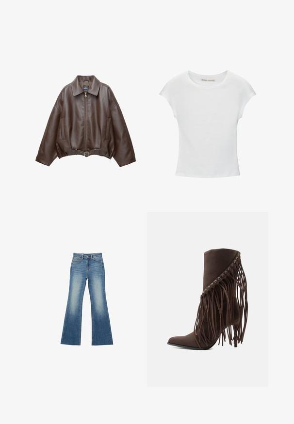 Braune, kurz geschnittene Jacke aus Kunstleder mit weitem Kragen, vorderem Reißverschluss, Seitentaschen und einem Taillengürtel. Glatte Textur, entspannte Passform.; Weißes Baumwoll-T-Shirt mit kurzen, aufgerollten Ärmeln, rundem Ausschnitt und geradem Saum. Glatte Textur ohne sichtbare Muster oder Akzente.; Blaue Jeans aus Denim mit hoher Taille und ausgestellten Beinen, ausgestattet mit Vorderseiten Taschen und sichtbar verwaschenen Stellen an den Oberschenkeln.; Brauner Wildleder-Stiefelette mit hohem Absatz, spitzer Zehenpartie und langen Fransen am oberen Rand.