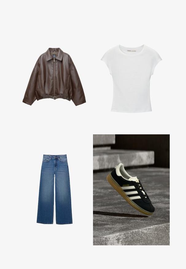 Veste courte en similicuir marron avec un large col, une fermeture éclair frontale, des poches latérales et une taille ceinturée. Texture lisse, coupe décontractée.; T-shirt en coton blanc avec manches courtes retroussées, encolure ronde et ourlet droit. Texture lisse sans motifs ni accents visibles.; Jean en denim à jambes larges, de couleur bleu moyen, avec une taille haute, un design à cinq poches et des détails cousus le long des coutures.; Baskets noires Adidas München avec des rayures blanches et une semelle en gomme, flottant au-dessus de marches en béton texturé.