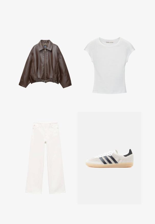 Bruine jack van imitatieleer, kort model, met een brede kraag, ritssluiting aan de voorkant, zijzakken en een tailleband met ceintuur. Gladde textuur, ontspannen pasvorm.; Witte katoenen T-shirt met korte, opgerolde mouwen, een ronde halslijn en een rechte zoom. Gladde textuur zonder zichtbare patronen of accenten.; Witte hoge taille wijde pijpen jeans met een rits en knoopsluiting aan de voorkant, twee voorke pockets en lussen voor een riem.; Witte sneakers van mesh met een zwart ontwerp van drie strepen, een ronde neus en een rubberen gumzool. Voorzien van een zachte hielkraag en een vetersluiting.