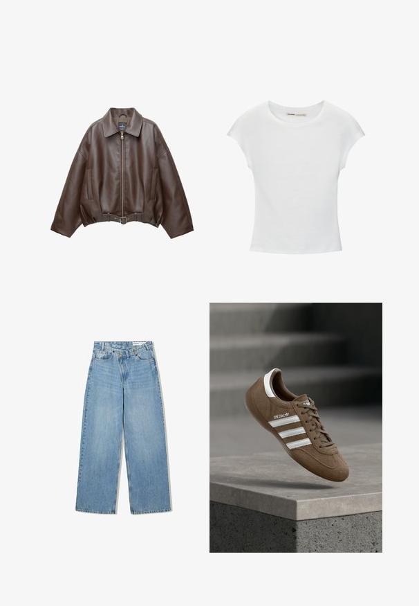 Veste courte en similicuir marron avec un large col, une fermeture éclair frontale, des poches latérales et une taille ceinturée. Texture lisse, coupe décontractée.; T-shirt en coton blanc avec manches courtes retroussées, encolure ronde et ourlet droit. Texture lisse sans motifs ni accents visibles.; Jean large bleu clair en denim, avec taille haute, cinq poches, fermeture à bouton et un léger délavage pour la texture.; Baskets Adidas Spezial en daim marron avec des bandes blanches et des lacets, flottant au-dessus d'un rebord en béton gris sur un fond d'escaliers flous.