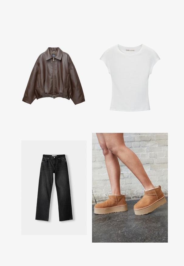 Bruine jack van imitatieleer, kort model, met een brede kraag, ritssluiting aan de voorkant, zijzakken en een tailleband met ceintuur. Gladde textuur, ontspannen pasvorm.; Witte katoenen T-shirt met korte, opgerolde mouwen, een ronde halslijn en een rechte zoom. Gladde textuur zonder zichtbare patronen of accenten.; Bershka Straight leg jeans - mottled dark grey; Bruine suède enkelboots met een zachte voering, dikke beige plateauzool en een achterste lus. Getextureerde oppervlakte met zichtbare stiksels.