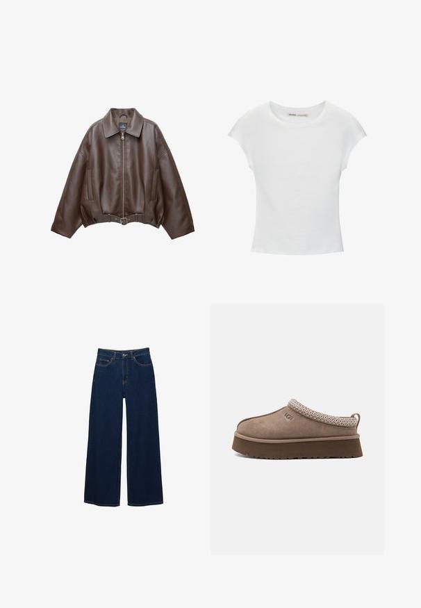 Braune, kurz geschnittene Jacke aus Kunstleder mit weitem Kragen, vorderem Reißverschluss, Seitentaschen und einem Taillengürtel. Glatte Textur, entspannte Passform.; Weißes Baumwoll-T-Shirt mit kurzen, aufgerollten Ärmeln, rundem Ausschnitt und geradem Saum. Glatte Textur ohne sichtbare Muster oder Akzente.; Dunkelblaue Jeans mit weitem Bein aus Denim; mit Taschen vorne und Knopfverschluss; auffällige Nähte entlang der Nähte; keine Muster oder Verzierungen.; Brauner Slip-On Wildlederschuh mit dicker Sohle, dekorativer Naht am Kragen und Markenlogo an der Seite.