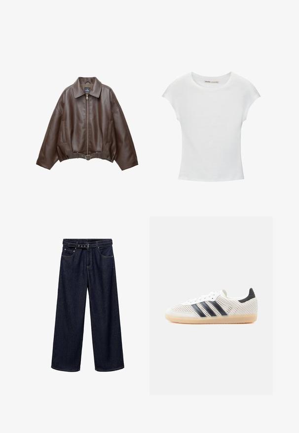 Bruine jack van imitatieleer, kort model, met een brede kraag, ritssluiting aan de voorkant, zijzakken en een tailleband met ceintuur. Gladde textuur, ontspannen pasvorm.; Witte katoenen T-shirt met korte, opgerolde mouwen, een ronde halslijn en een rechte zoom. Gladde textuur zonder zichtbare patronen of accenten.; Donkerblauwe wijde jeans van denim. Voorzien van een ceintuurband met meerdere knopen, voorkruiszakken en een nette afwerking aan de zoom.; Witte sneakers van mesh met een zwart ontwerp van drie strepen, een ronde neus en een rubberen gumzool. Voorzien van een zachte hielkraag en een vetersluiting.