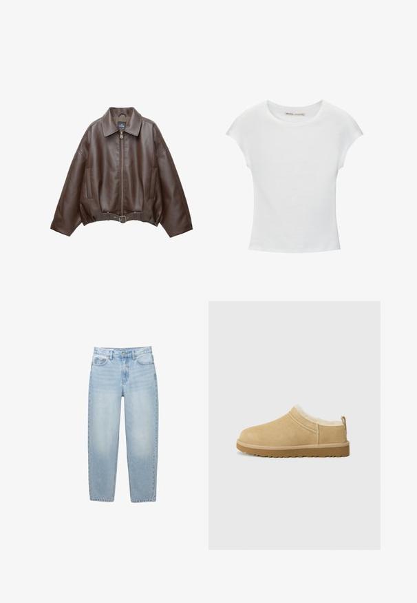 Bruine jack van imitatieleer, kort model, met een brede kraag, ritssluiting aan de voorkant, zijzakken en een tailleband met ceintuur. Gladde textuur, ontspannen pasvorm.; Witte katoenen T-shirt met korte, opgerolde mouwen, een ronde halslijn en een rechte zoom. Gladde textuur zonder zichtbare patronen of accenten.; Lichtblauwe high-waist jeans met rechte pijpen, voorste knoop, ritssluiting, riemlussen en vijfzakkenontwerp op een witte achtergrond.; Suède instap schoenen in licht bruin, met een zachte bontvoering en een gemeleerde rubberen zool met een lichte hak en een trekhaakje aan de achterkant voor gemakkelijk aan- en uittrekken.