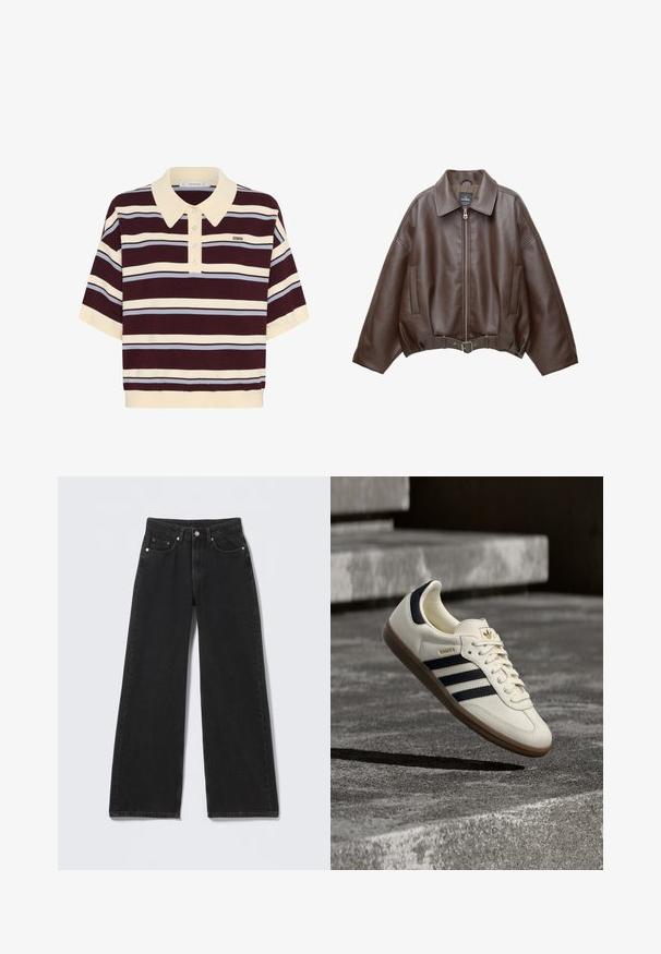 Bruine jack van imitatieleer, kort model, met een brede kraag, ritssluiting aan de voorkant, zijzakken en een tailleband met ceintuur. Gladde textuur, ontspannen pasvorm.; Korte mouwen polo shirt in kastanjebruin en crèmekleurige strepen met lichtblauwe accenten, met een kraag en knoopsluiting. Zacht gebreide stof.; Zwarte high-waist jeans met wijde pijpen, een knoop- en ritsluiting aan de voorzijde, riemlussen en vijf voorzakken op een lichte achtergrond.; Witte Adidas Samba sneaker met zwarte strepen en gumzool, zwevend boven gestructureerde grijze betonnen treden.