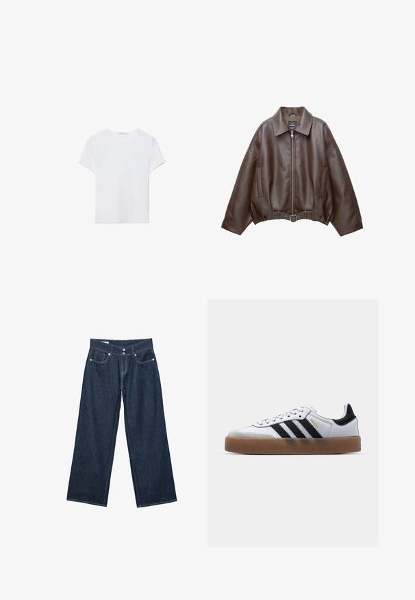 Braune, kurz geschnittene Jacke aus Kunstleder mit weitem Kragen, vorderem Reißverschluss, Seitentaschen und einem Taillengürtel. Glatte Textur, entspannte Passform.; Weißes kurzärmliges T-Shirt aus weichem Stoff. Hat einen runden Halsausschnitt und ein einfaches, sauberes Design mit geradem Saum.; Dunkelblaue, weit geschnittene Denim-Jeans mit doppelter Knopfverschluss, vorderen Taschen und kontrastierender Naht auf weißem Hintergrund.; Weiße Leder Sneakers mit schwarzen Streifen, Gummigummi-Außensohle, runder Zehenform, Schnürverschluss und weichem grauem Wildleder-Zehenkappe.