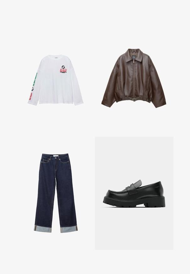 Veste courte en similicuir marron avec un large col, une fermeture éclair frontale, des poches latérales et une taille ceinturée. Texture lisse, coupe décontractée.; T-shirt blanc à manches longues avec imprimés graphiques en noir, rouge et vert. Coupe décontractée avec un col rond et des poignets côtelés.; Jean denim bleu foncé à jambes larges avec ourlets retroussés, bouton devant, braguette zippée et design à cinq poches.; Mocassins en cuir noir avec une semelle épaisse et texturée, dotés d'une sangle sur le vamp et d'une finition lisse et polie.