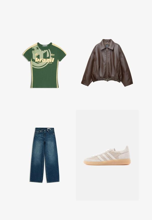 Bruine jack van imitatieleer, kort model, met een brede kraag, ritssluiting aan de voorkant, zijzakken en een tailleband met ceintuur. Gladde textuur, ontspannen pasvorm.; Groen T-shirt met korte mouwen met beige strepen op de mouwen en zijkanten, met de tekst "brazil" en een cirkelvormige afbeelding met sterren en competitiesymbolen.; Blauwe jeans met hoge taille en wijde pijpen, met voor- en achterzakken en een diagonale tailleband met knopen.; Lichtbeige suède sneakers met mesh-details, drie witte strepen en een buitenzool van gumrubber. Voorzien van vetersluiting en merkaccenten.