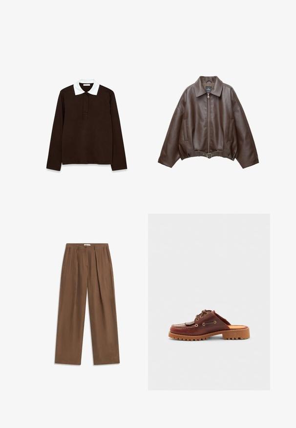 Bruine jack van imitatieleer, kort model, met een brede kraag, ritssluiting aan de voorkant, zijzakken en een tailleband met ceintuur. Gladde textuur, ontspannen pasvorm.; Langsleeve polo shirt in donkerbruin stof met een witte, gestructureerde kraag en een drie-knops stolp. Glad, comfortabel materiaal.; Bruine wijde broek met plooien, knoopsluiting aan de voorkant en ritssluiting, plat weergegeven op een witte achtergrond.; Bruine lederen instapschoen in mokassinstijl, met decoratieve veters, gouden oogjes en een textuur rubberen zool.