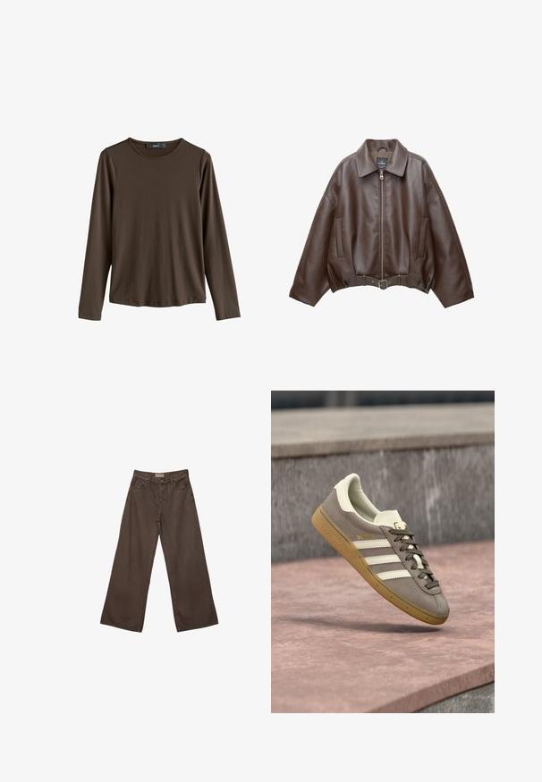 Veste courte en similicuir marron avec un large col, une fermeture éclair frontale, des poches latérales et une taille ceinturée. Texture lisse, coupe décontractée.; Chemise marron à manches longues en tissu lisse. Elle présente un col rond et un ourlet droit, sans motifs ni accents visibles.; Pantalons en denim marron à coupe large avec un design classique à cinq poches, dotés d'une fermeture à bouton et d'une texture lisse.; Baskets Adidas en suède marron clair avec des rayures blanches et une semelle gomme, suspendues au-dessus de marches en pierre rose en plein air.