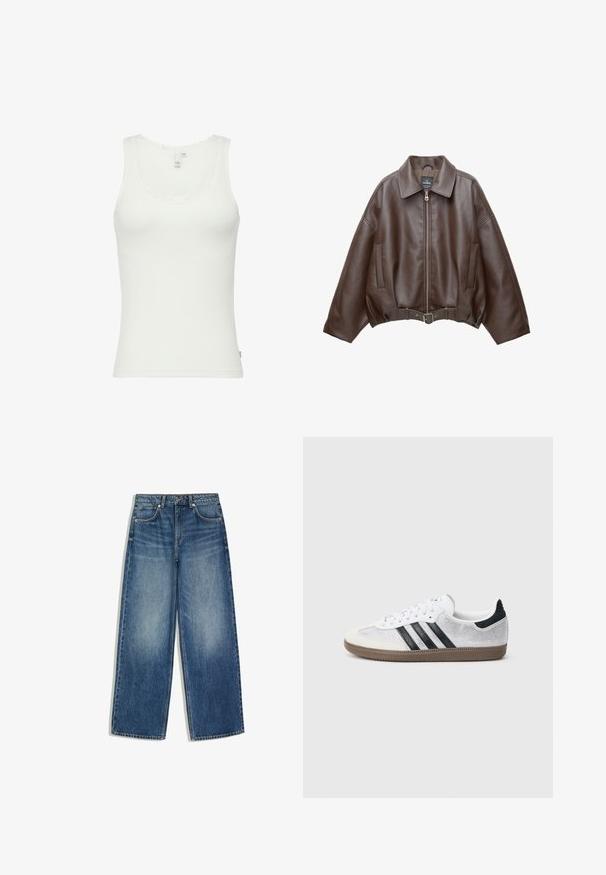 Veste courte en similicuir marron avec un large col, une fermeture éclair frontale, des poches latérales et une taille ceinturée. Texture lisse, coupe décontractée.; Débardeur blanc en coton côtelé, avec un col en dentelle à volants, une coupe ajustée, et une étiquette sur le côté avec les détails de taille.; Jean en denim bleu coupe large, poches avant, passants de ceinture et détails délavés au niveau des cuisses.; Baskets en mesh blanc avec des rayures noires, un embout en daim beige et un accent sur le talon, semelle en caoutchouc texturée, et lacets blancs. Design classique à tige basse.