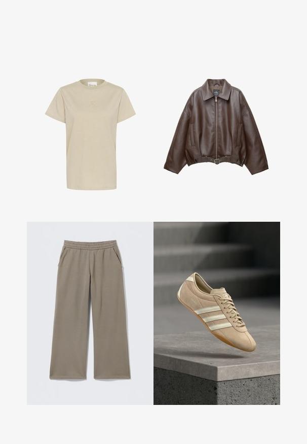 Bruine jack van imitatieleer, kort model, met een brede kraag, ritssluiting aan de voorkant, zijzakken en een tailleband met ceintuur. Gladde textuur, ontspannen pasvorm.; Lichtbeige T-shirt met korte mouwen van zachte stof, met een ronde hals en een subtiel gebosst logo op de borst.; Taupekleurige wijde broek met elastische tailleband en zijzakken, plat liggend op een lichte achtergrond.; Lichtbeige sneaker met drie witte horizontale strepen, bovenwerk van suède en een rubberen gumzool, met een logo aan de zijkant.