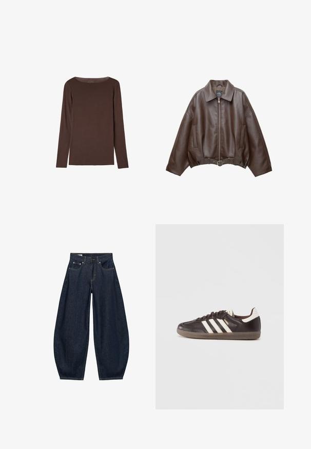 Bruine jack van imitatieleer, kort model, met een brede kraag, ritssluiting aan de voorkant, zijzakken en een tailleband met ceintuur. Gladde textuur, ontspannen pasvorm.; Bruin shirt met lange mouwen en ronde hals, met een eenvoudig, getailleerd ontwerp zonder zichtbare patronen of logo's.; Donkerblauwe denim jeans met wijde pijpen, voorzakken, riemlussen en een knoopsluiting in de taille.; Donkerbruine leren sneakers met een wit drie-strepen ontwerp, een rubberen zool en "Samba" in gouden letters aan de zijkant. Klassieke lage schoenvorm.