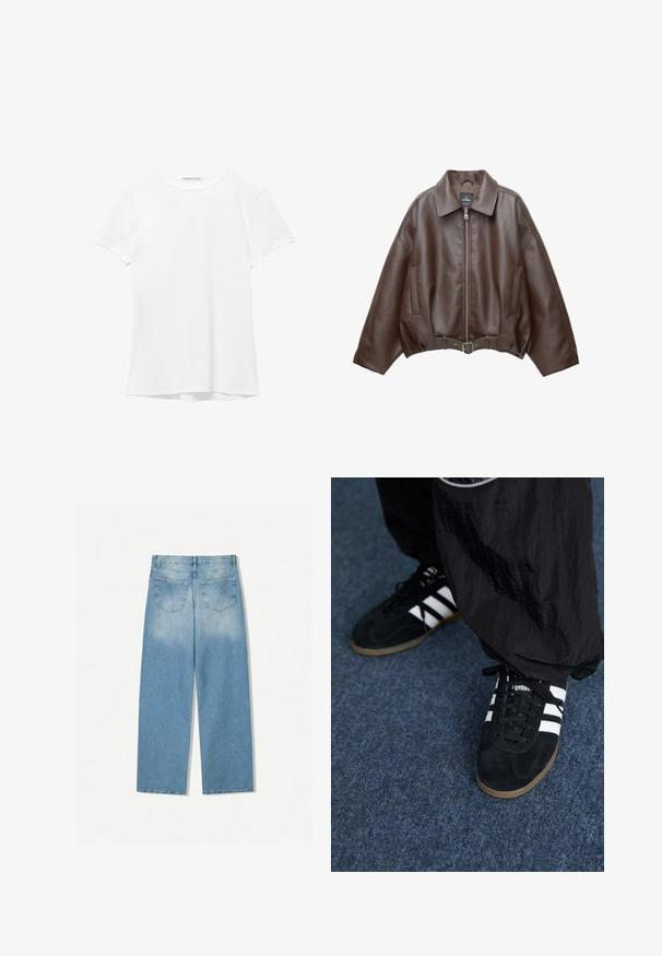 Veste courte en similicuir marron avec un large col, une fermeture éclair frontale, des poches latérales et une taille ceinturée. Texture lisse, coupe décontractée.; T-shirt blanc à manches courtes en tissu lisse, avec un col rond et de subtils détails de couture à l'ourlet.; Jean en denim bleu clair avec une coupe droite, doté de deux poches arrière et d'une texture décolorée à la partie supérieure.; Des chaussures de sport en suède noir avec trois rayures blanches et des lacets noirs. Un pantalon noir texturé est partiellement visible à côté des chaussures.