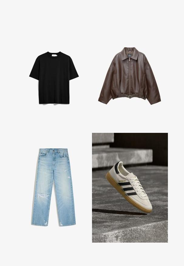 Bruine jack van imitatieleer, kort model, met een brede kraag, ritssluiting aan de voorkant, zijzakken en een tailleband met ceintuur. Gladde textuur, ontspannen pasvorm.; Zwarte T-shirt met korte mouwen, gemaakt van katoen. Heeft een ronde hals en een relaxte pasvorm met een soepele, matte textuur. Geen zichtbare patronen of logo's.; Lichtblauwe verweerde spijkerbroek met een rechte pasvorm, met versleten scheuren op de dij, de knie en vlak bij de zoom.; Witte Adidas Spezial sneaker met zwarte strepen en gumzool, zwevend boven grijze stenen trappen buiten.