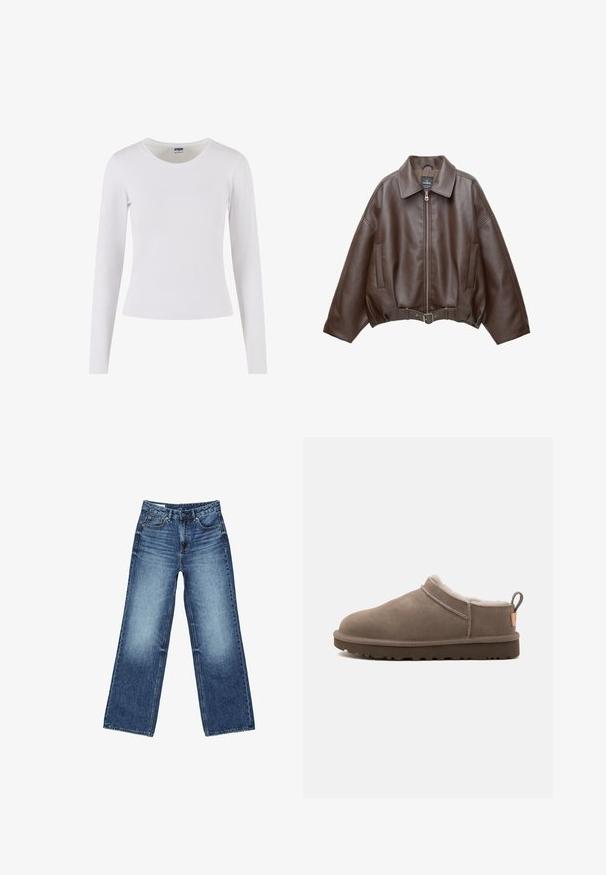 Veste courte en similicuir marron avec un large col, une fermeture éclair frontale, des poches latérales et une taille ceinturée. Texture lisse, coupe décontractée.; T-shirt blanc à manches longues en coton doux, avec un col rond et une silhouette ajustée, sans motifs ni accents.; Jean en denim bleu avec une taille haute, une fermeture à boutons et glissière à l'avant, des poches avant et arrière, et un lavage légèrement délavé.; Chausson en daim taupe à coupe basse avec doublure en polaire blanche, semelle en caoutchouc foncé et languette à l’arrière, présenté de profil sur fond blanc.
