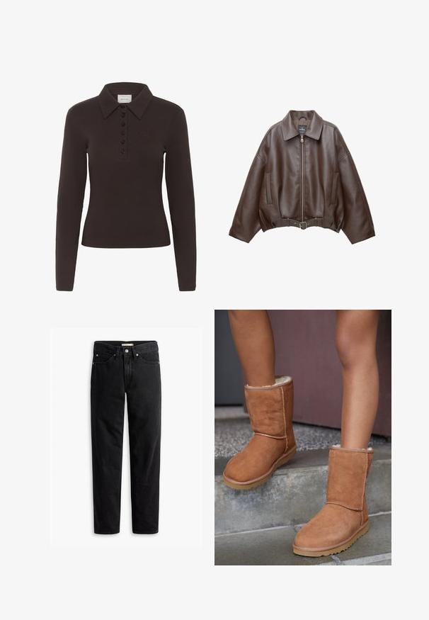 Veste courte en similicuir marron avec un large col, une fermeture éclair frontale, des poches latérales et une taille ceinturée. Texture lisse, coupe décontractée.; Polo-shirt à manches longues marron foncé avec six boutons noirs et un petit logo brodé sur la poitrine gauche.; Jeans noirs à jambe droite avec fermeture à bouton et à zip, passants de ceinture et poches avant et arrière, présentés à plat sur un fond blanc.; Bottines en suede marron, à bout rond, avec une doublure douce et une semelle en caoutchouc, présentant des détails de couture visibles le long des coutures.