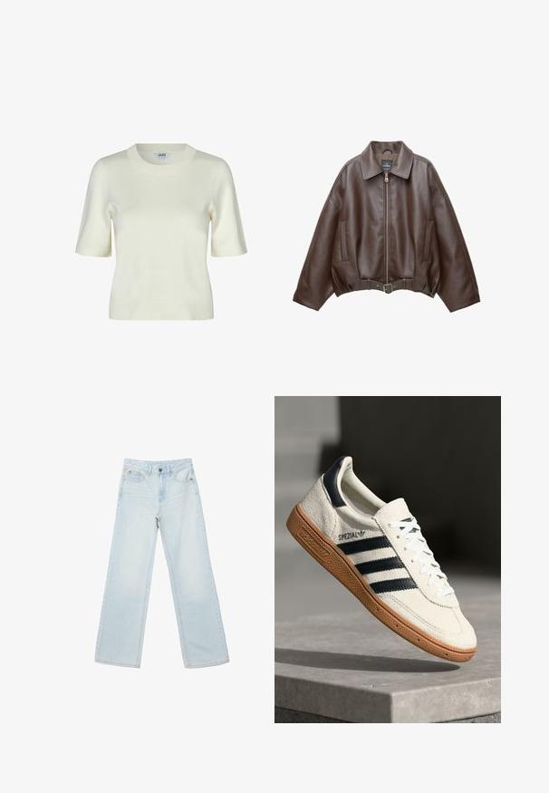Brun kort jakke i imiteret læder med bred krave, lynlås foran, sidelommer og bælte i taljen. Glat tekstur, afslappet pasform.; Strikket kortærmet sweater i off-white med rund halsudskæring og en glat, blød tekstur. Enkel og klassisk design.; Lyseblå jeans med høj talje og lige ben, med frontknap og lynlås, for- og baglommer, vist på hvid baggrund.; Hvide ruskinds sneakers med marineblå striber, gummisål, struktureret overdel, rund tå og snøring; har branding på siden og tungen.