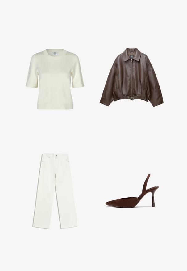 Brun kort jakke i imiteret læder med bred krave, lynlås foran, sidelommer og bælte i taljen. Glat tekstur, afslappet pasform.; Strikket kortærmet sweater i off-white med rund halsudskæring og en glat, blød tekstur. Enkel og klassisk design.; Hvide jeans med højt liv og lige ben, med forlommer og knaplukning på hvid baggrund.; Brun højhælet sko med spidst tåparti og slingback med en slank, buet hæl, fotograferet på en hvid baggrund.