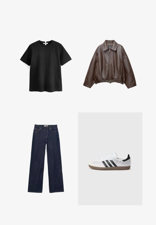 Braune, kurz geschnittene Jacke aus Kunstleder mit weitem Kragen, vorderem Reißverschluss, Seitentaschen und einem Taillengürtel. Glatte Textur, entspannte Passform.; Schwarzes kurzärmeliges T-Shirt aus Baumwolle. Rundhalsausschnitt mit geradem Saum und ohne sichtbare Muster oder Grafiken. Weiche, glatte Textur.; Dunkelblaue Jeans mit geradem Bein, Vordertaschen, Gürtelschlaufen, Knopfverschluss und sichtbaren Kontrastnähten.; Weißer Mesh-Sneaker mit schwarzen Streifen, beiger Wildleder-Kappe an der Spitze und am Absatz, strukturierter Gummisohle und weißen Schnürsenkeln. Klassisches Low-Top-Design.