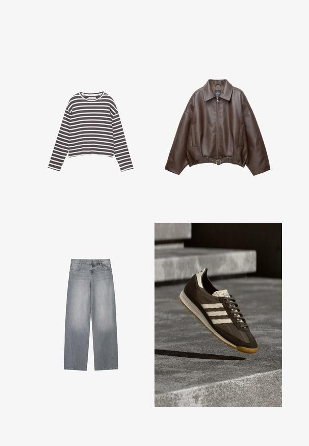 Veste courte en similicuir marron avec un large col, une fermeture éclair frontale, des poches latérales et une taille ceinturée. Texture lisse, coupe décontractée.; T-shirt à manches longues en tissu doux avec des rayures horizontales grises et blanches, col rond et coupe courte décontractée.; Jean denim gris à jambes larges avec un lavage délavé, doté d'une fermeture classique à bouton et zip, cinq poches et des coutures contrastées.; Chaussure de sport marron avec des rayures beige clair, en suède et mesh, dessus texturé, design à lacets et semelle en caoutchouc naturel.