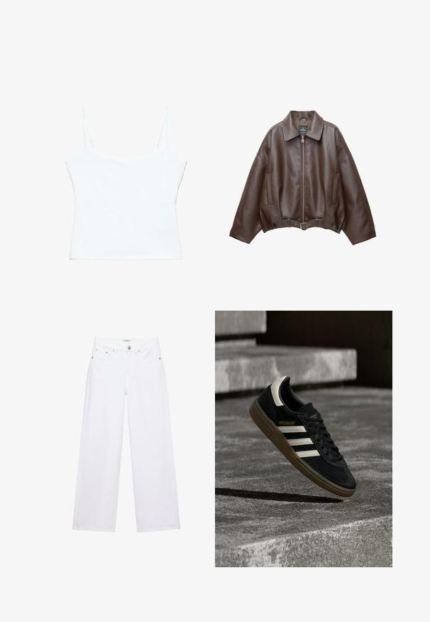 Veste courte en similicuir marron avec un large col, une fermeture éclair frontale, des poches latérales et une taille ceinturée. Texture lisse, coupe décontractée.; Camisole blanche courte avec fines bretelles spaghetti réglables et un décolleté droit.; Jean blanc taille haute à jambes larges avec fermeture à boutons et zip, poches avant et arrière, et détails en rivets argentés.; Baskets Adidas noires avec des bandes blanches et une semelle en gomme flottant au-dessus d'escaliers en béton gris sous une lumière naturelle.
