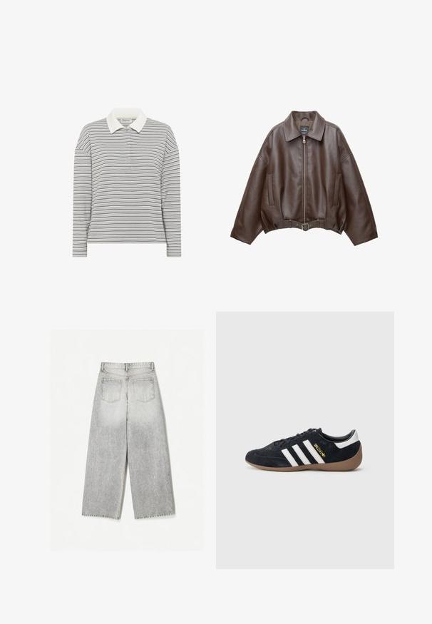 Hnedá krátka bunda z umelého kože s širokým golierom, predným zipsom, bočnými vreckami a opaskom v páse. Hladká textura, voľný strih.; My Essential Wardrobe MWKLARA - Polokošeľa - peal blue striped; Džínsy s širokými nohavicami v sivej farbe s bledým vzhľadom, so slepými zadnými vreckami a surovým lemovaním.; Čierna semišová teniska s tromi bielymi pruhmi, gumovou podrážkou a malým zlatým logom na boku. Má hladkú čiernu vnútornú podšívku.