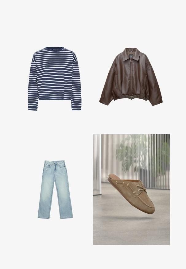 Veste courte en similicuir marron avec un large col, une fermeture éclair frontale, des poches latérales et une taille ceinturée. Texture lisse, coupe décontractée.; Haut à manches longues bleu marine avec des rayures horizontales blanches, encolure ronde et ourlet court. Le tissu semble doux avec une finition texturée.; Jean taille haute bleu clair à jambes larges, légèrement usé sur les poches avant et les cuisses, fermeture par boutons et design cinq poches.; Mocassin à enfiler en daim marron clair avec des détails en lacets, présenté en suspension au-dessus d'un sol gris clair et d'un arrière-plan intérieur flou.
