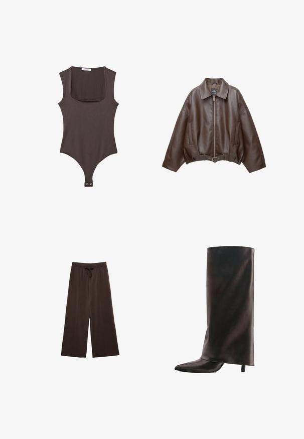 Veste courte en similicuir marron avec un large col, une fermeture éclair frontale, des poches latérales et une taille ceinturée. Texture lisse, coupe décontractée.; Bodysuit sans manches marron avec un col carré, fabriqué en tissu doux. Comprend une fermeture à pression en bas et une silhouette ajustée.; Pantalons larges marron avec un waistband à cordon. Fabriqués en tissu doux, avec des coutures verticales à l'avant pour un détail supplémentaire.; Botte haute noire en cuir avec un bout pointu et un talon fin de hauteur moyenne sur fond blanc.