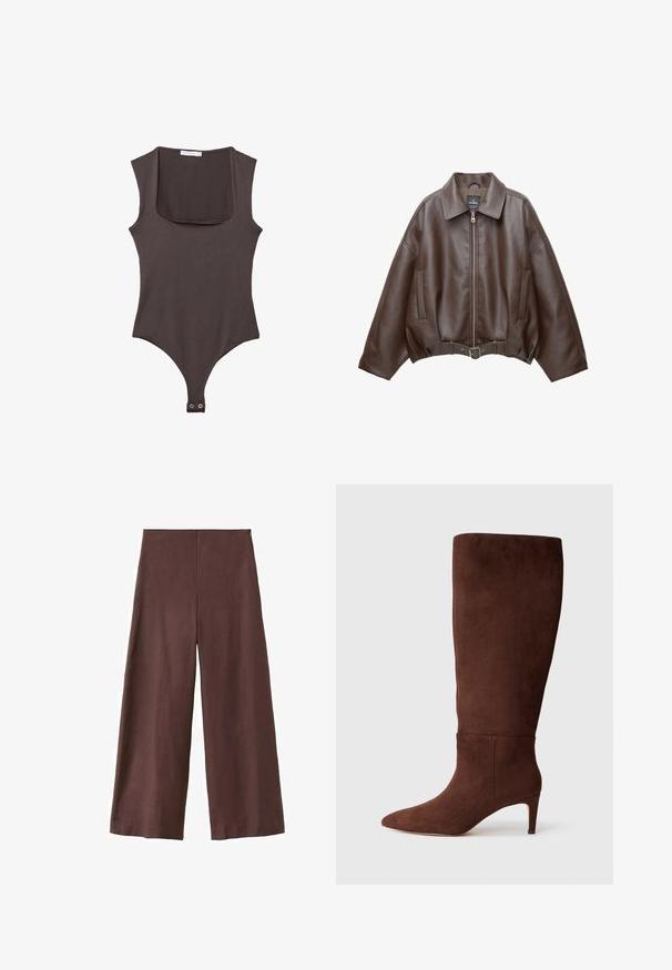 Veste courte en similicuir marron avec un large col, une fermeture éclair frontale, des poches latérales et une taille ceinturée. Texture lisse, coupe décontractée.; Bodysuit sans manches marron avec un col carré, fabriqué en tissu doux. Comprend une fermeture à pression en bas et une silhouette ajustée.; Pantalon marron à jambes larges avec taille haute et devant épuré, en tissu doux, présenté sur un fond blanc.; Botte haute en daim marron jusqu'au genou avec un bout pointu et un talon aiguille. Texture lisse et design minimaliste. Pas de matériel ou d'accents visibles.