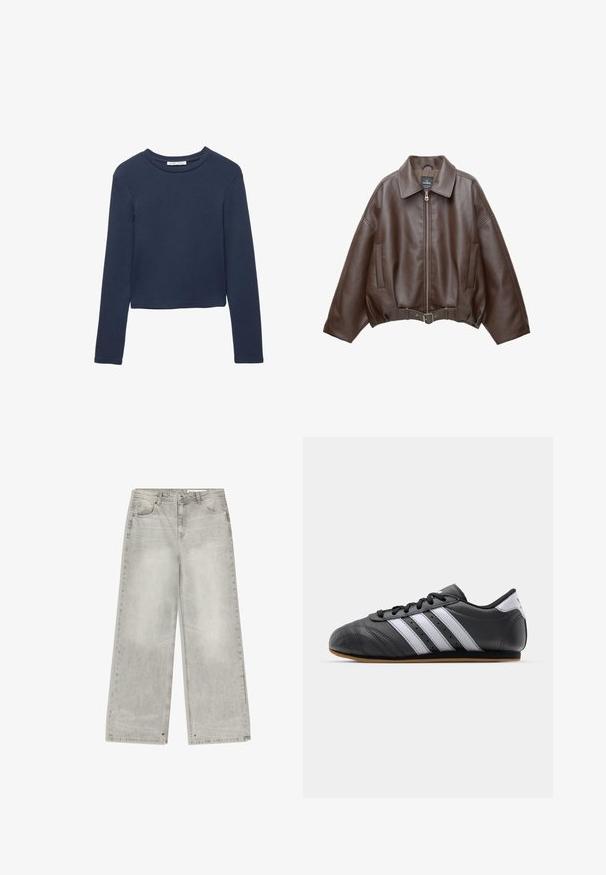 Braune, kurz geschnittene Jacke aus Kunstleder mit weitem Kragen, vorderem Reißverschluss, Seitentaschen und einem Taillengürtel. Glatte Textur, entspannte Passform.; Dunkelblauses, langärmliges, verkürztes Shirt mit Rundhalsausschnitt, auf einem weißen Hintergrund flach ausgelegt.; Grau melierte Jeans mit weitem Bein, verwaschenem Finish, fünf Taschen und metalfarbenen Details. Der Stoff hat eine weiche Textur und einen sauberen Saum.; Schwarzer Sportschuh aus Leder mit weißen Streifen, runder Spitze, flacher Sohle und Schnürverschluss. Besitzt Perforationen für Atmungsaktivität.