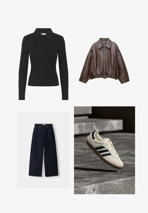 Bruine jack van imitatieleer, kort model, met een brede kraag, ritssluiting aan de voorkant, zijzakken en een tailleband met ceintuur. Gladde textuur, ontspannen pasvorm.; Zwarte polo met lange mouwen, ribbelstructuur, knoopsluiting en een subtiele logo. Heeft een klassiek kraagontwerp.; Donkerblauwe denim wijduitlopende jeans met een hoge taille, vijf zakken, contrasterende stiksels en zilveren metalen hardware. Gladde textuur en een nette afwerking.; Witte Adidas Samba sneaker met zwarte strepen en gumzool, zwevend boven gestructureerde grijze betonnen treden.