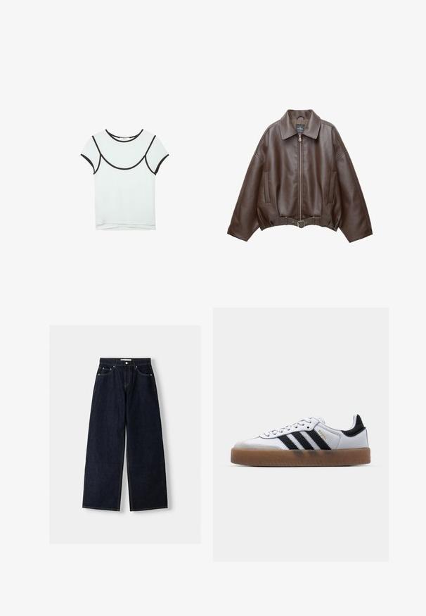 Veste courte en similicuir marron avec un large col, une fermeture éclair frontale, des poches latérales et une taille ceinturée. Texture lisse, coupe décontractée.; T-shirt blanc à manches courtes avec bordure noire le long du col, des manches et de la couture courbe sur la poitrine, posé à plat sur un fond blanc.; Jean large en denim bleu foncé à taille haute, avec cinq poches, des coutures contrastées et des éléments en métal argenté. Texture lisse et finition soignée.; Baskets en cuir blanc avec des rayures noires, semelle extérieure en caoutchouc beige, bout rond, fermeture lacée et embout en suède gris doux.