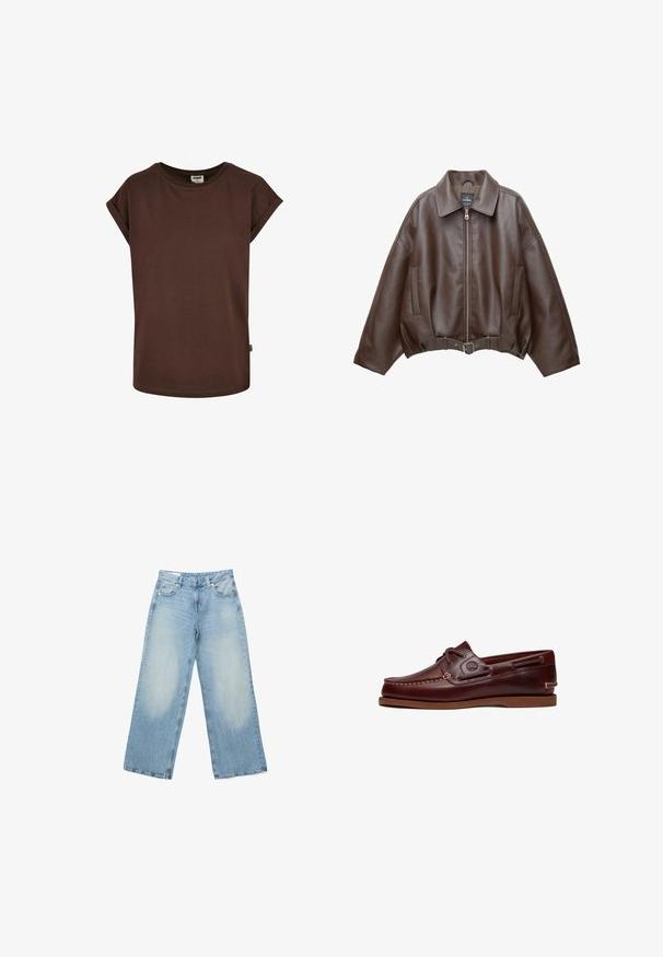 Veste courte en similicuir marron avec un large col, une fermeture éclair frontale, des poches latérales et une taille ceinturée. Texture lisse, coupe décontractée.; T-shirt en coton marron avec des manches courtes roulées, un col rond et une coupe ample. Présente une petite étiquette sur la couture latérale.; Jean en denim bleu clair à jambes larges avec poches avant et arrière, passants de ceinture, et fermeture par bouton.; Chaussure bateau en cuir marron avec lacets, détails de couture et logo Timberland sur le côté, présentée sur un fond blanc.