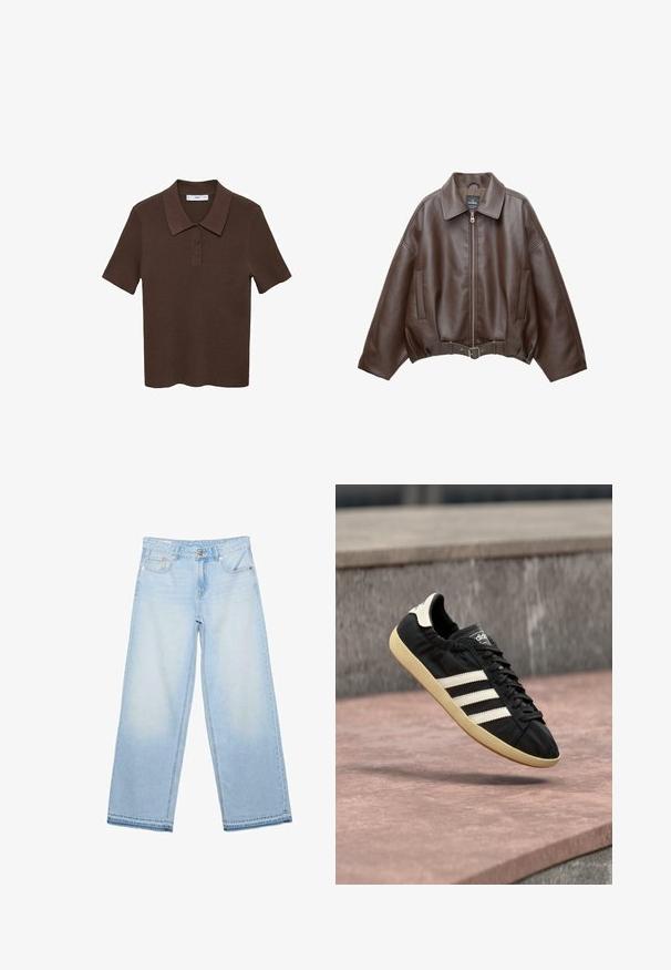 Brun kort jakke i imiteret læder med bred krave, lynlås foran, sidelommer og bælte i taljen. Glat tekstur, afslappet pasform.; Brun T-shirt polo med korte ærmer lavet af ribbet materiale med krave og tre-knaps lukning. Har en ensfarvet design og en afslappet pasform.; Lyseblå vidde bukser med høj talje, forreste knap, lynlås og fem-lomme design, lagt fladt på en hvid baggrund.; Sort Adidas sneaker med hvide striber og beige sål, fanget i luften over en stenet overflade og baggrund af en stenmur.
