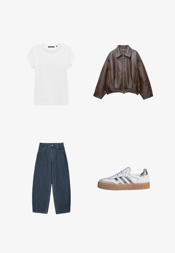Bruine jack van imitatieleer, kort model, met een brede kraag, ritssluiting aan de voorkant, zijzakken en een tailleband met ceintuur. Gladde textuur, ontspannen pasvorm.; Witte katoenen t-shirt met een ronde hals, korte mouwen en een soepele textuur. Geen patronen of versieringen. Standaard pasvorm, casual ontwerp.; Donkerblauwe denim wijde broek met hoge taille, voorzien van vijf zakken en zichtbare stikseldetails. Schoon, minimaal ontwerp.; Witte sneaker met zilveren drie strepen, een tan rubberen zool en een witte textuur bovenwerk met een ronde neus en vetersluiting.