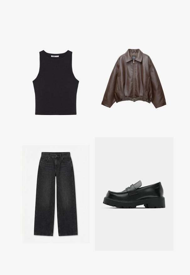 Veste courte en similicuir marron avec un large col, une fermeture éclair frontale, des poches latérales et une taille ceinturée. Texture lisse, coupe décontractée.; Débardeur court noir sans manches avec encolure ronde, ourlet droit et petite étiquette de marque à l'intérieur du col.; Jean large noir avec bouton et fermeture éclair à l'avant, passants pour ceinture et design à cinq poches sur un fond blanc uni.; Mocassins en cuir noir avec une semelle épaisse et texturée, dotés d'une sangle sur le vamp et d'une finition lisse et polie.