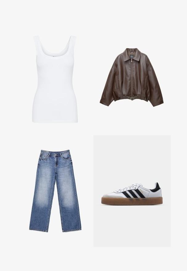 Braune, kurz geschnittene Jacke aus Kunstleder mit weitem Kragen, vorderem Reißverschluss, Seitentaschen und einem Taillengürtel. Glatte Textur, entspannte Passform.; Weißes Tanktop mit rundem Ausschnitt, breiten Schulterträgern und tailliertem Schnitt, aus einem glatten, dehnbaren Stoff gefertigt.; Hellblaue Denim-Jeans mit weitem Bein, Fronttaschen, Gürtelschlaufen, Knopfverschluss und dezentem Verblassen an den vorderen Oberschenkeln.; Weiße Leder Sneakers mit schwarzen Streifen, Gummigummi-Außensohle, runder Zehenform, Schnürverschluss und weichem grauem Wildleder-Zehenkappe.