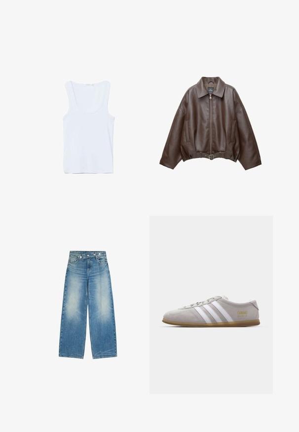 Veste courte en similicuir marron avec un large col, une fermeture éclair frontale, des poches latérales et une taille ceinturée. Texture lisse, coupe décontractée.; Débardeur blanc sans manches avec encolure dégagée, posé à plat sur un fond blanc.; Jean en denim bleu à jambes larges avec devant délavé, poches avant et un détail unique de ceinture diagonale boutonnée.; Baskets en daim gris avec des rayures en cuir blanc et un logo doré. Semelle en gomme plate, bout rond et design classique à lacets.
