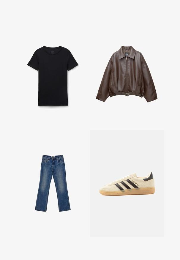 Brun kort jakke i imiteret læder med bred krave, lynlås foran, sidelommer og bælte i taljen. Glat tekstur, afslappet pasform.; Sort t-shirt med korte ærmer og rund hals lagt fladt på hvid baggrund, der viser forfra og glat stoftekstur.; Fadede blå denim bukser med lige ben-design, fem lommer og subtile slidmærker foran. Øverste knap- og lynlåslukning.; Kremfarvet ruskindssneaker med sorte striber, gummisål, sort hælstrop og gyldent "SPEZIAL"-tekst på siden.
