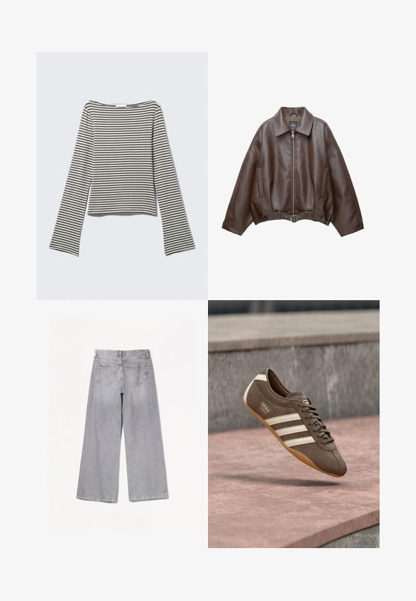 Veste courte en similicuir marron avec un large col, une fermeture éclair frontale, des poches latérales et une taille ceinturée. Texture lisse, coupe décontractée.; Haut court à manches longues aux rayures horizontales gris et blanc atténuées, fabriqué en tissu doux avec un décolleté large style bateau et des manches évasées.; Jean large gris à taille haute, avec une texture lisse, deux poches arrière et des détails de couture subtils.; Baskets en daim marron avec des rayures blanches et un logo, dotées d'un bout rond et d'une semelle en caoutchouc gomme, suspendues au-dessus d'une surface texturée.