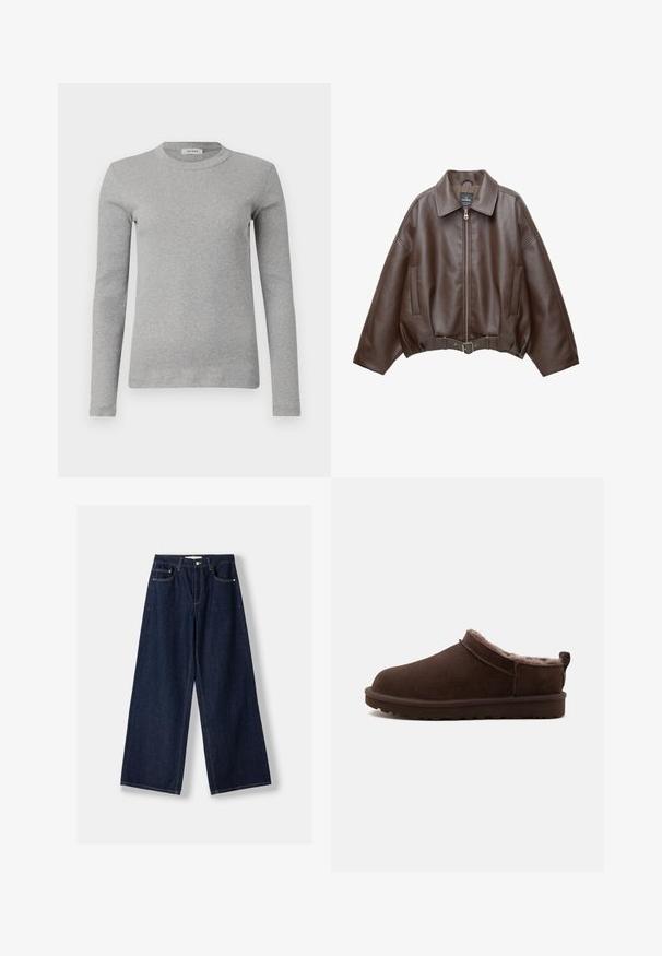Veste courte en similicuir marron avec un large col, une fermeture éclair frontale, des poches latérales et une taille ceinturée. Texture lisse, coupe décontractée.; Pull gris à manches longues en tissu côtelé, avec un col rond et une silhouette ajustée. Design simple, sans motifs ni accents visibles.; Jean en denim bleu foncé à jambes larges avec fermeture avant par bouton et zip, poches avant et passants pour ceinture, posé à plat sur un fond blanc.; Chausson marron à enfiler avec doublure en peluche douce et semelle en caoutchouc plate, conçu pour le confort et la chaleur à l'intérieur.