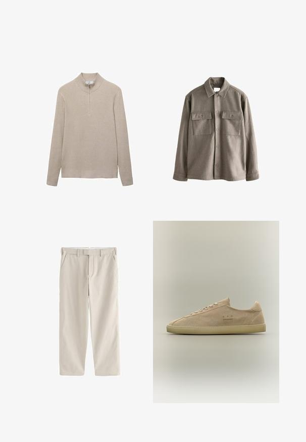 Button-up Hemd aus weichem, gedämpftem braunem Wollstoff mit langen Ärmeln, zwei Brusttaschen und einem klassischen Kragen. Glatte Textur mit leicht entspannter Passform.; Beige gerippter Pullover mit hohem Kragen und halbem Reißverschluss. Lange Ärmel und ein figurbetonter Saum ergänzen das strukturierte Aussehen.; Beige gerade geschnittene Hose mit Gürtelschlaufen, Seitentaschen und vorderem Reißverschluss, flach auf weißem Hintergrund liegend.; Beiger Wildleder-Sneaker mit niedrigem Schaft, beiger Gummisohle, Schnürverschluss und dezentem „C.P. Company“-Branding an der Seite.