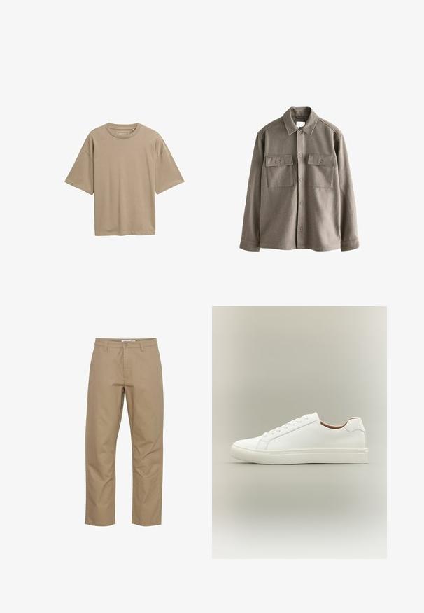 Napapaita pehmeä, hillitty ruskea villa, jossa on pitkät hihat, kaksi rintataskua ja klassinen kaulus. Silkkinen tekstuuri, jossa on hieman rento leikkaus.; Vaahto beige lyhythihainen t-paita rentoa istuvuutta, pyöreä pääntie ja sileä tekstuuri. Ei näkyviä kuvioita tai käyttöyksityiskohtia.; Beige puuvillapantsit suoralla lahkeella, edessä nappi- ja vetskari suljenta, sivutaskut ja siisti viimeistely.; Valkoinen matalavartinen tennari, jossa nauhakiinnitys ja tasapohja, esitetty sivulta neutraalilla taustalla.