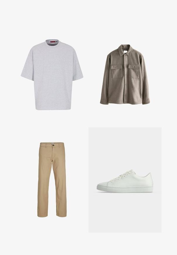 Button-up Hemd aus weichem, gedämpftem braunem Wollstoff mit langen Ärmeln, zwei Brusttaschen und einem klassischen Kragen. Glatte Textur mit leicht entspannter Passform.; Hellgraues, übergroßes T-Shirt mit kurzen Ärmeln, Rundhalsausschnitt, aus weichem Material, mit geradem Saum ohne Muster oder Verzierungen.; Beige gerade geschnittene Hose mit Knopfverschluss, Gürtelschlaufen und Vordertaschen, vor weißem Hintergrund dargestellt.; Weißer Low-Top-Sneaker mit Schnürsenkeln, glattem Lederobermaterial und flacher Gummisohle, von der Seite auf neutralem Hintergrund gezeigt.