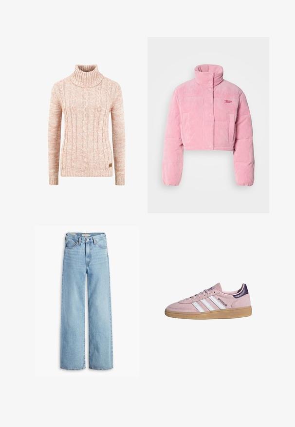 Roze cropped pufferjack gemaakt van ribfluweel, met een hoge kraag, knoopsluiting en twee voorzakken met een klein logo detail.; Gebreide coltrui in zacht perzik met een gestructureerd kabelpatroon, lange mouwen en een geweven merklabel aan de zoom.; Lichtblauwe, hoge taille, wijde jeans met een voorste knoop en ritssluiting, riemlussen en vijf zakken.; Roze suède Adidas sneaker met witte strepen, rubberen zool, paarse hieltab en "SPEZIAL" branding aan de zijkant.