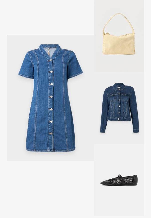 Veste en denim, bleu foncé, design ajusté, manches longues, fermeture à boutons, deux poches poitrine et un col classique. Tissu à texture uniforme.; Robe en denim à boutons avec des manches courtes, présentant un col, des détails de coutures verticales et cinq boutons argentés sur le devant.; Chaussure plate noire avec un bout pointu, panneaux latéraux en maille et une sangle avec une boucle décorative. Fini lisse sur les sections du bout et du talon.; Petit sac à main en cuir beige avec une seule bandoulière et des clous argentés le long des bords et de la bandoulière, posé sur un fond uni.