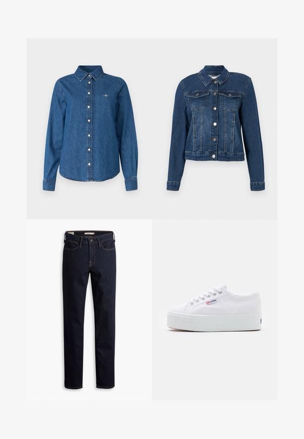 Denimjacke, dunkelblau, taillierte Passform, lange Ärmel, Knopfverschluss, zwei Brusttaschen und ein klassischer Kragen. Gleichmäßig strukturierter Stoff.; GANT REG - Hemdbluse - indigo; Dunkelblaue gerade Schnitt Jeans mit Knopf- und Reißverschluss, Vorder- und Hintertaschen sowie kontrastierenden Nähten.; Weiße Leinenschuhe mit einer dicken weißen Plattformsohle, runder Zehenpartie und Metallösen für die Schnürsenkel. Markenlogo an der Seite angebracht.