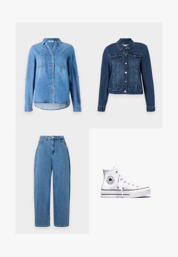 Denimjacke, dunkelblau, taillierte Passform, lange Ärmel, Knopfverschluss, zwei Brusttaschen und ein klassischer Kragen. Gleichmäßig strukturierter Stoff.; Hellblaues Denimhemd mit durchgehendem Knopfverschluss, zwei Brusttaschen und hochgerollten Ärmeln mit Knopfdetail.; Hellblaue Jeanshose mit geradem Bein, hoher Taille und Knopfverschluss vorne. Verfügt über fünf Taschen und minimale Nähte.; Weißer Converse Chuck Taylor All Star High-Top-Sneaker mit schwarzen Streifen und Logo-Patch an der Seite, präsentiert vor einem schlichten weißen Hintergrund.